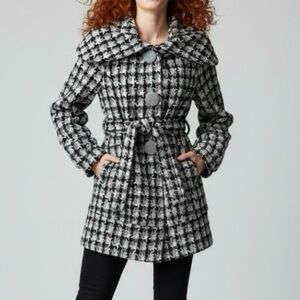 Aziz Coat Black Grey Houndstooth Belted M Retro Mod Chic Mid Length